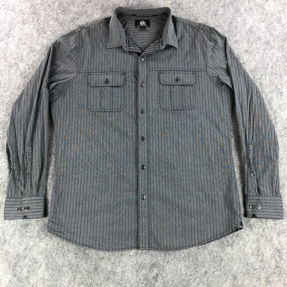 Rock & Republic Men Button Up Shirt Large Gray Striped Long Sleeve Metal Buttons - Picture 4 of 12